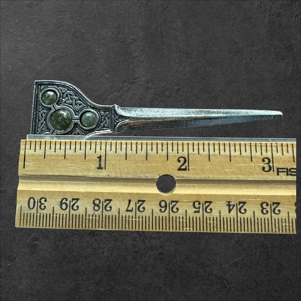 Miracle Celtic Dirk Pin Brooch Green Stone Silver Tone Knotwork Dagger - Picture 2 of 8